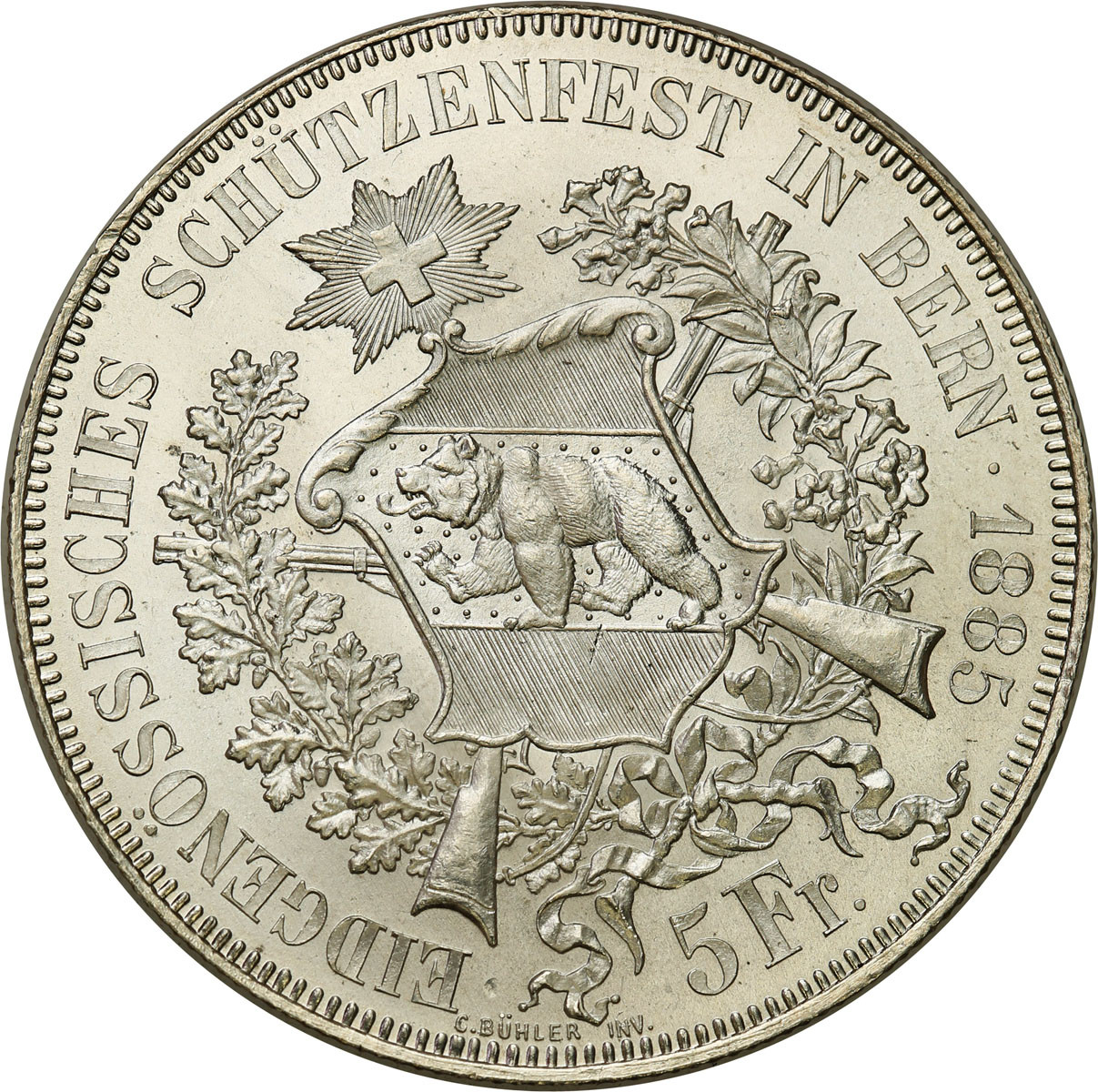 Szwajcaria. 5 franków 1885, Berno, Festiwal Strzelecki - WYŚMIENITE